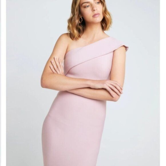 Few Moda Size L Pink One-Shoulder Asymmetrical Ruffle Hem Midi Dress Bodycon - Picture 5 of 15